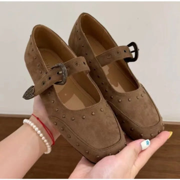 Xajzpa New Women's Shoes Suede Flats Loafers Women Marie Jane Shoes Square Toe Ballet Dance Shoes Fashion Luxury Dress Zapatos De Mujer